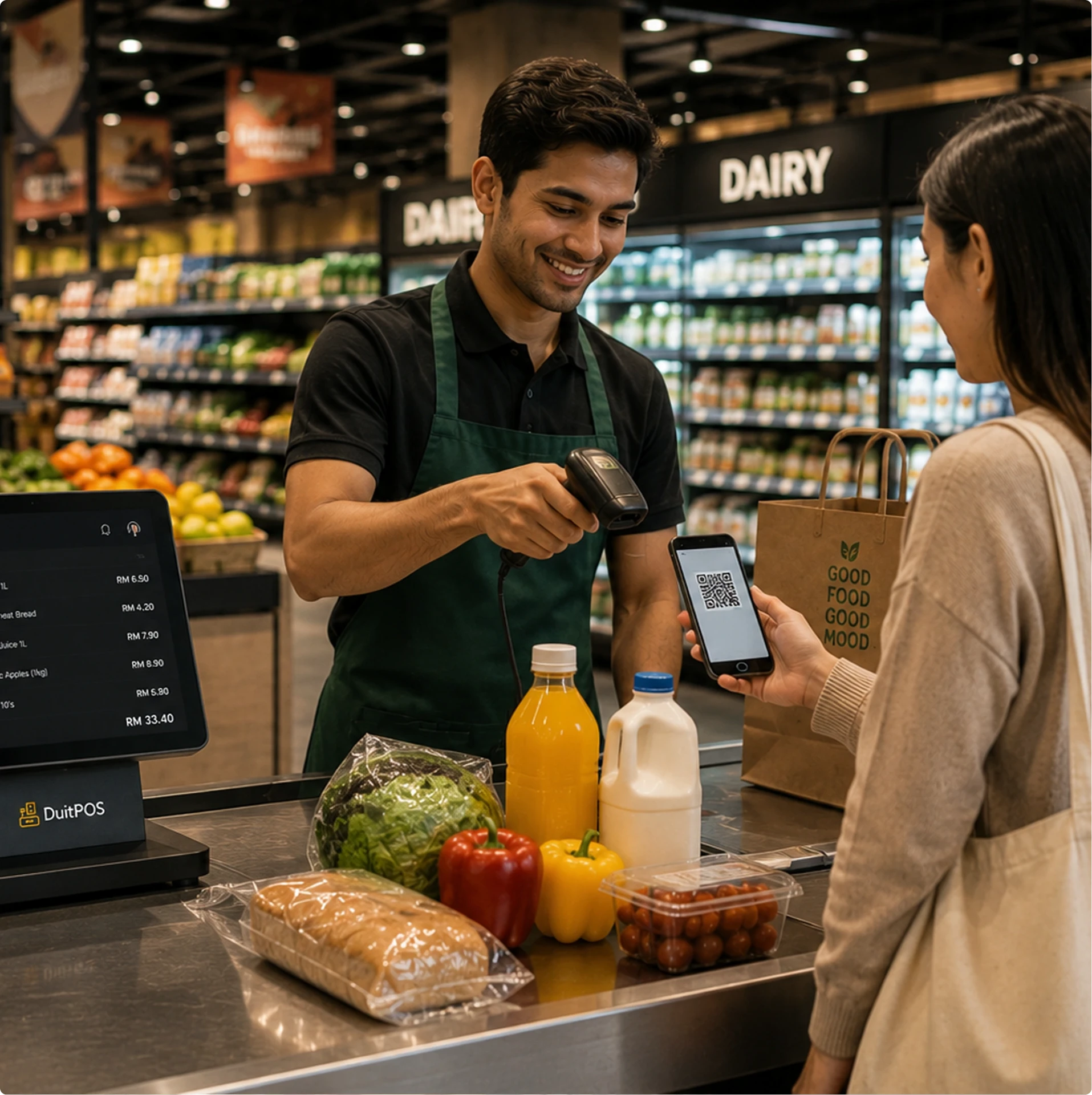 Modern supermarket checkout with barcode scanner