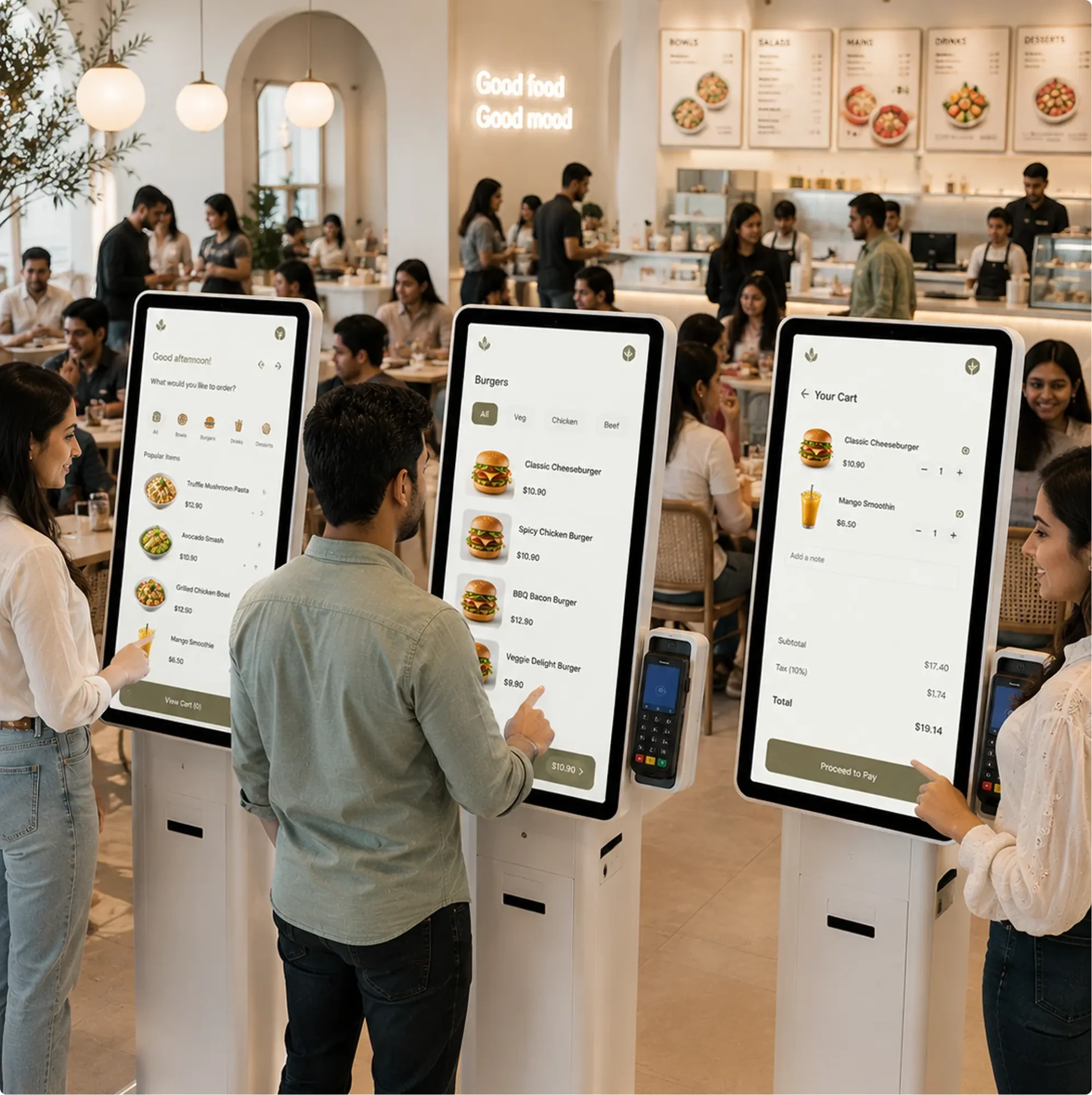 Modern food court with multiple stalls and diners