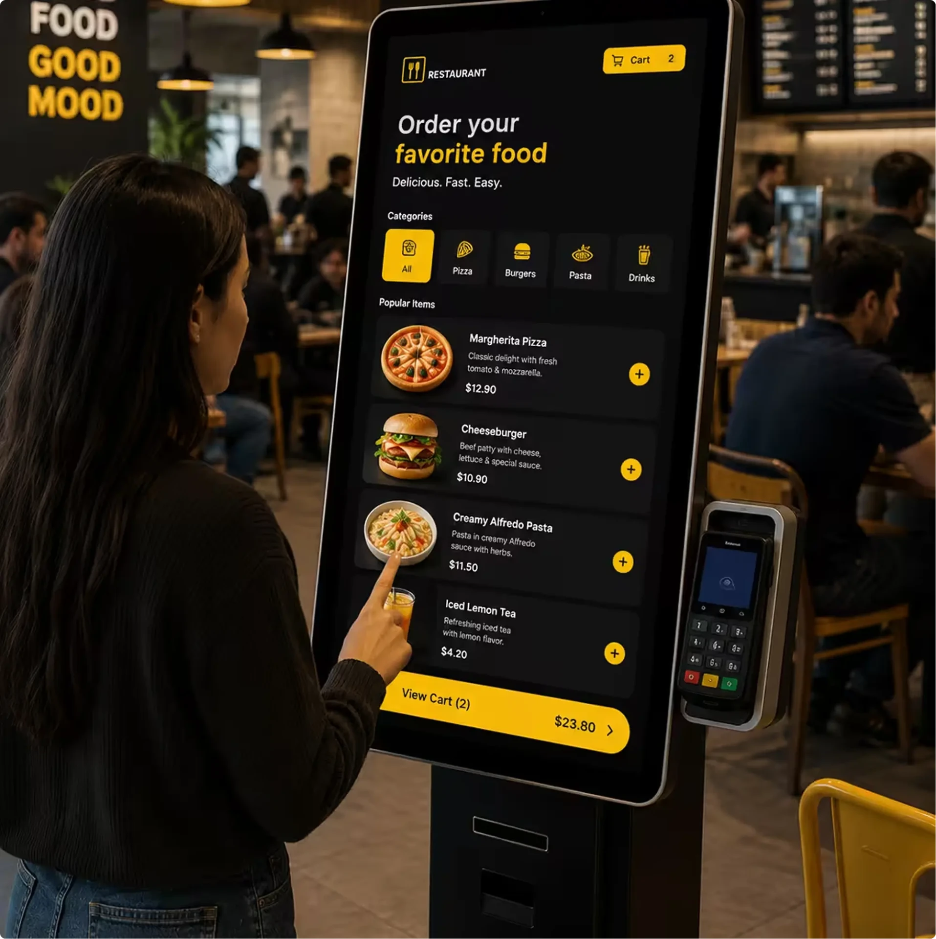 Busy quick service restaurant with digital menu boards