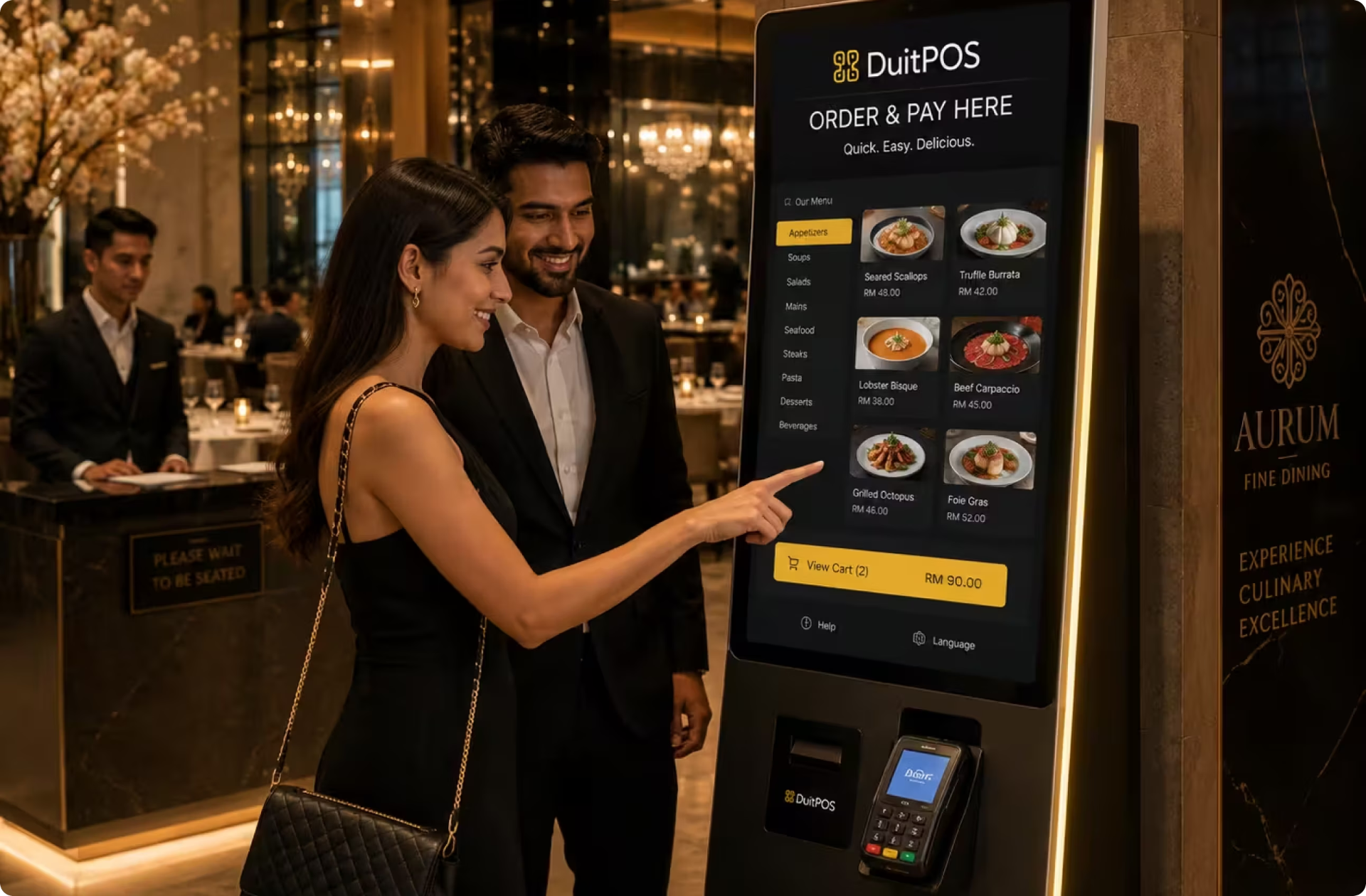 Self-ordering kiosk in a modern restaurant