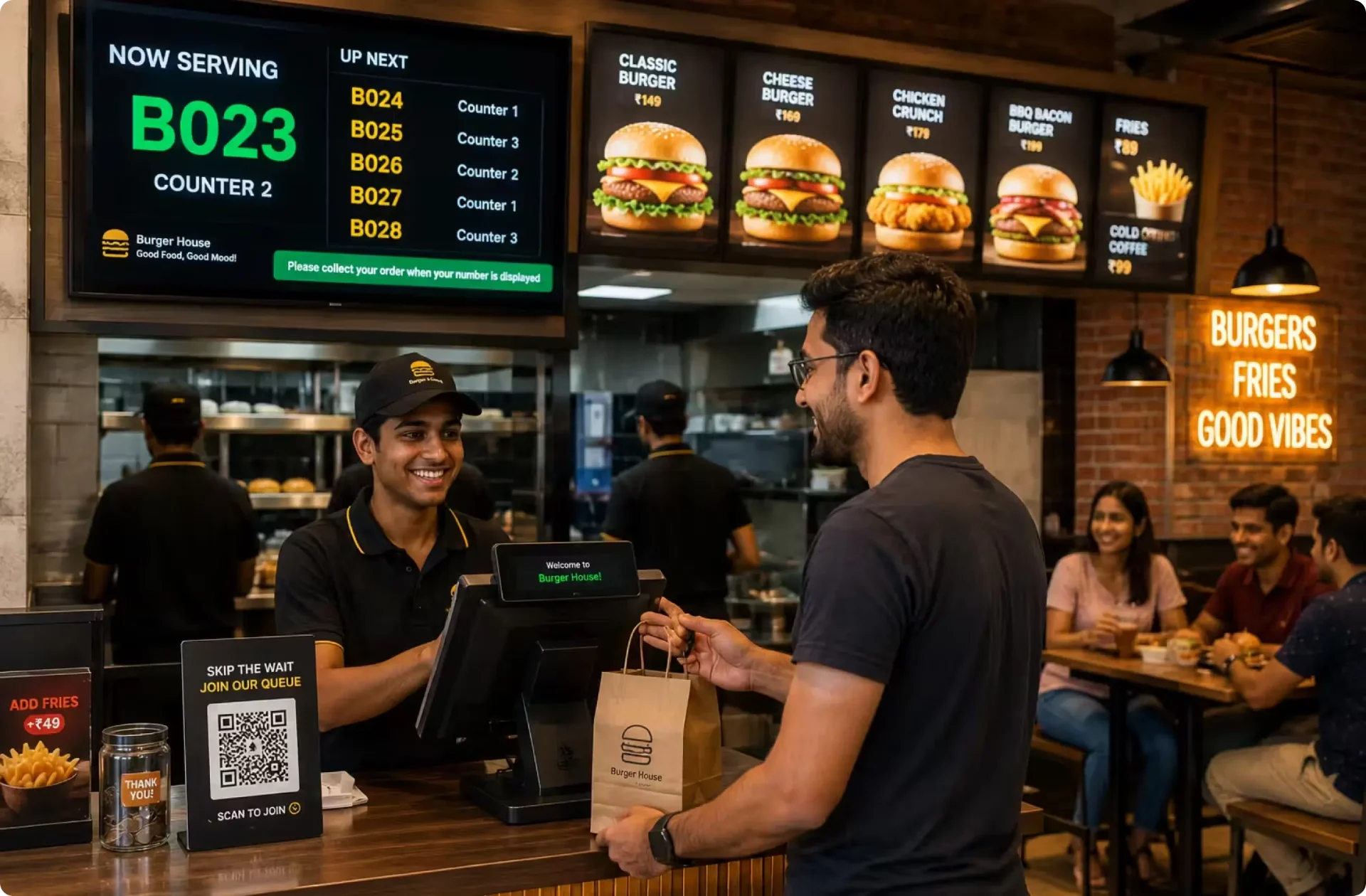 QSR pickup screen with order numbers