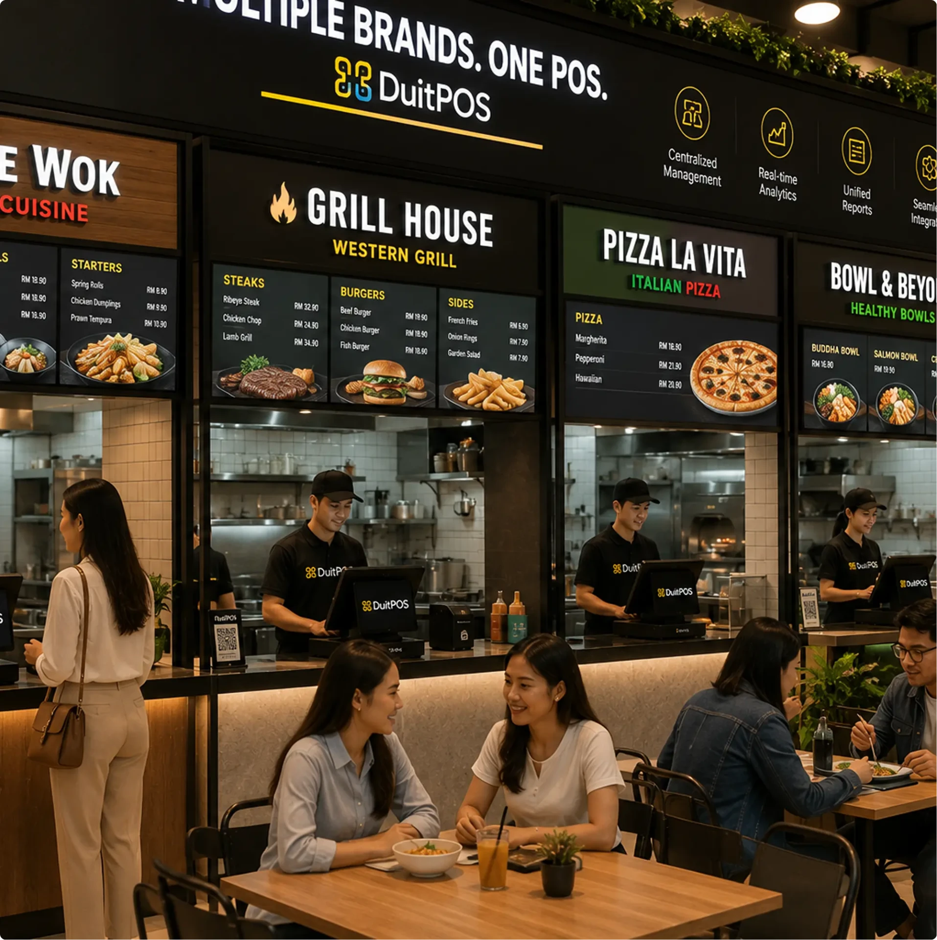 Modern food court with multiple stalls and diners