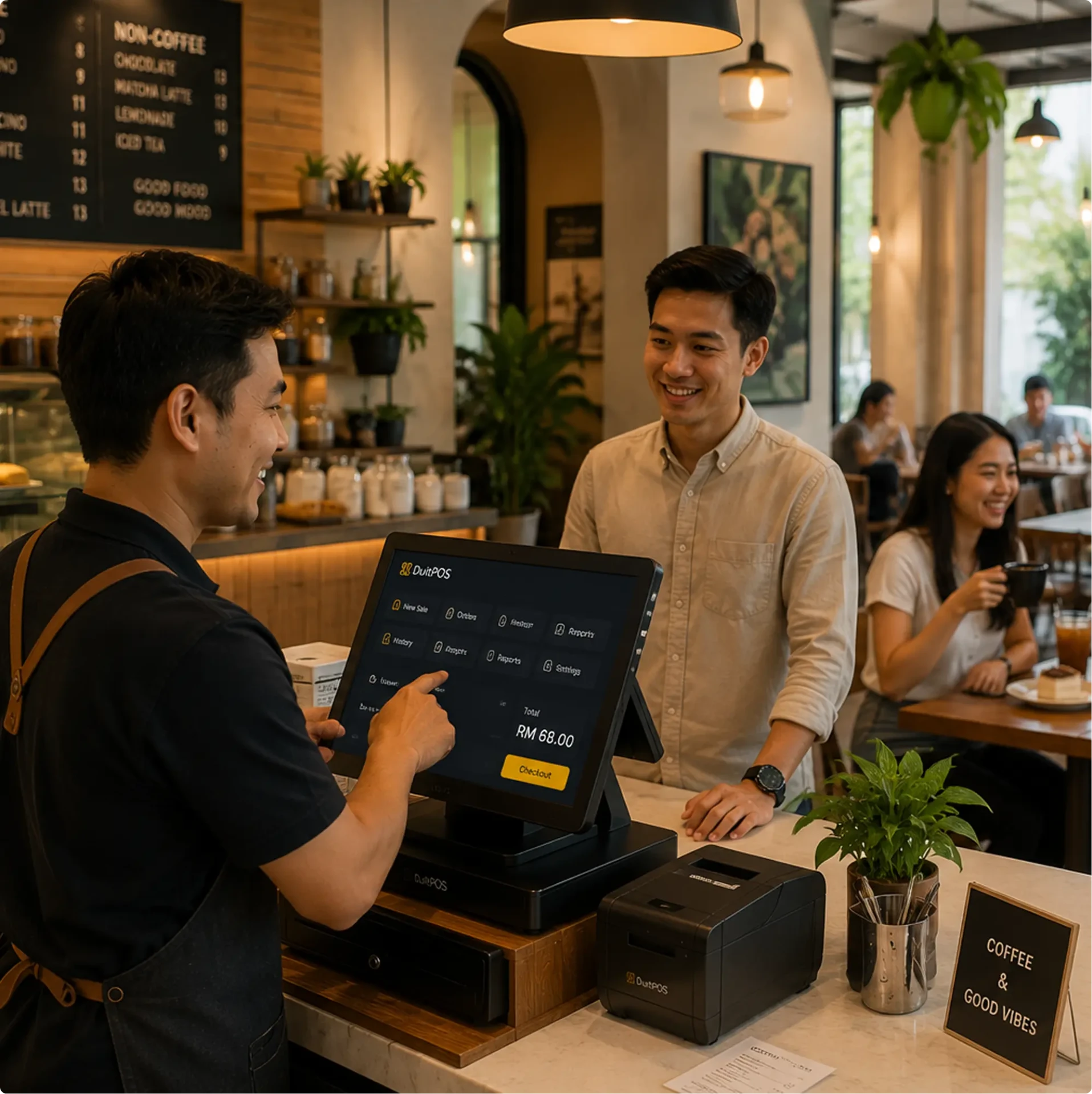 Modern coffee shop with barista and cafe POS