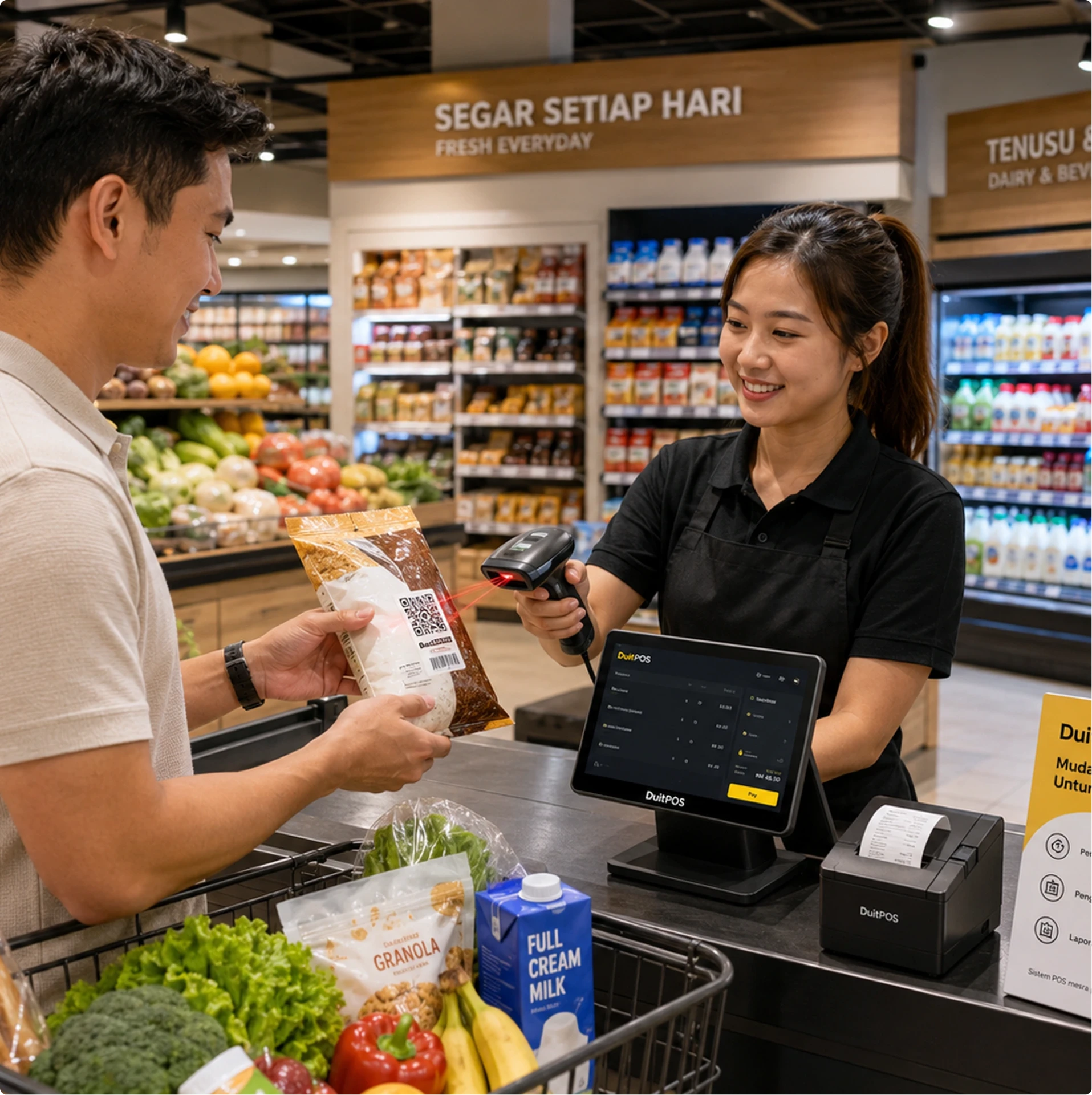 Modern supermarket checkout with barcode scanner