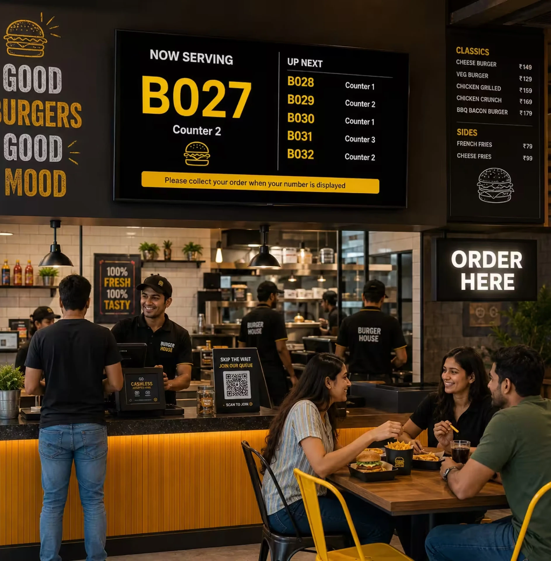 QSR pickup screen with order numbers