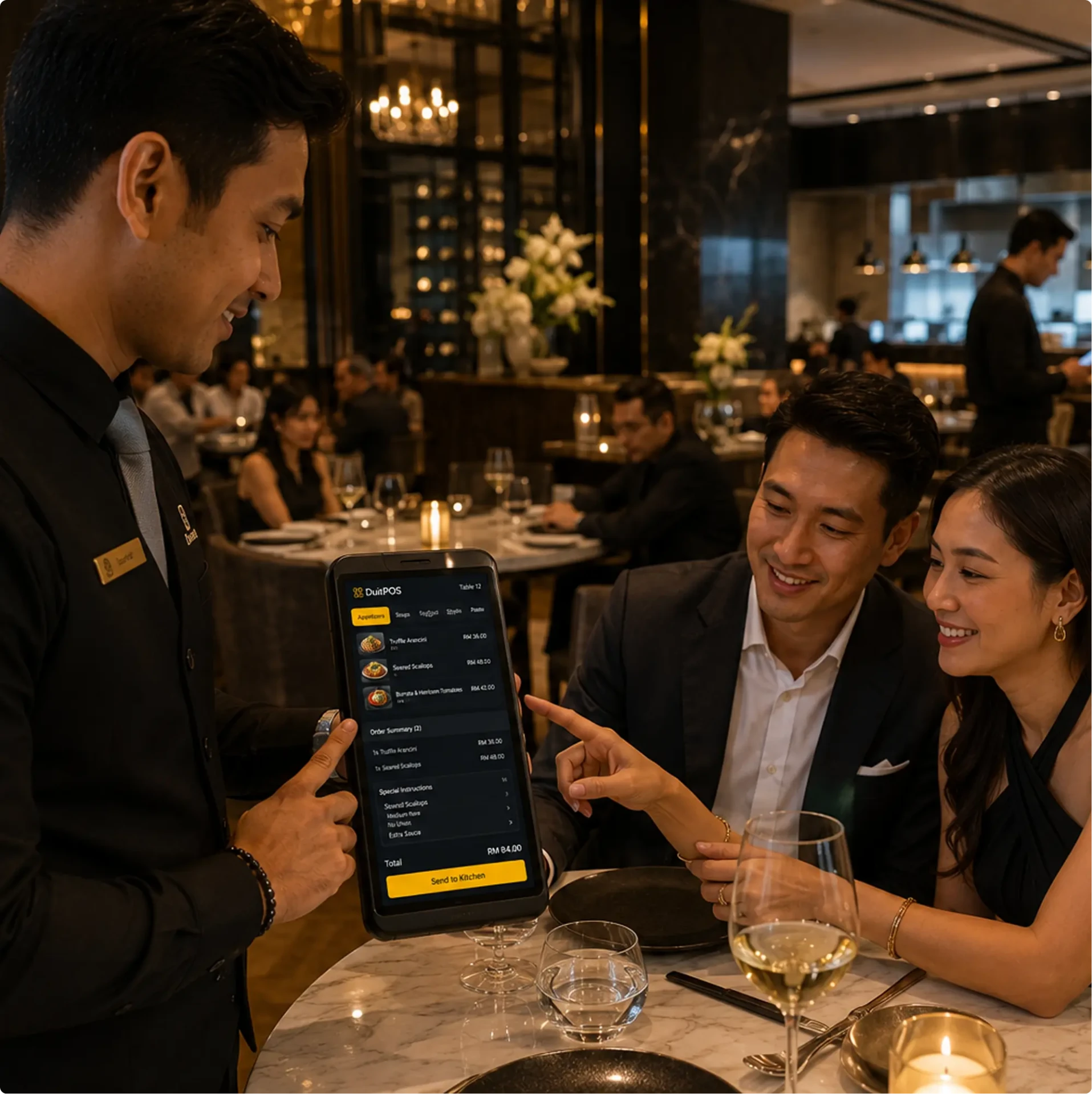 Elegant fine dining restaurant with plated dishes
